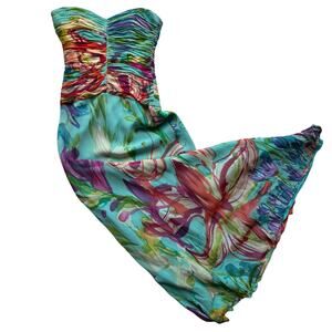 Vintage Y2k David Meister Floral 100% Silk Strapless Maxi Dress Size 6